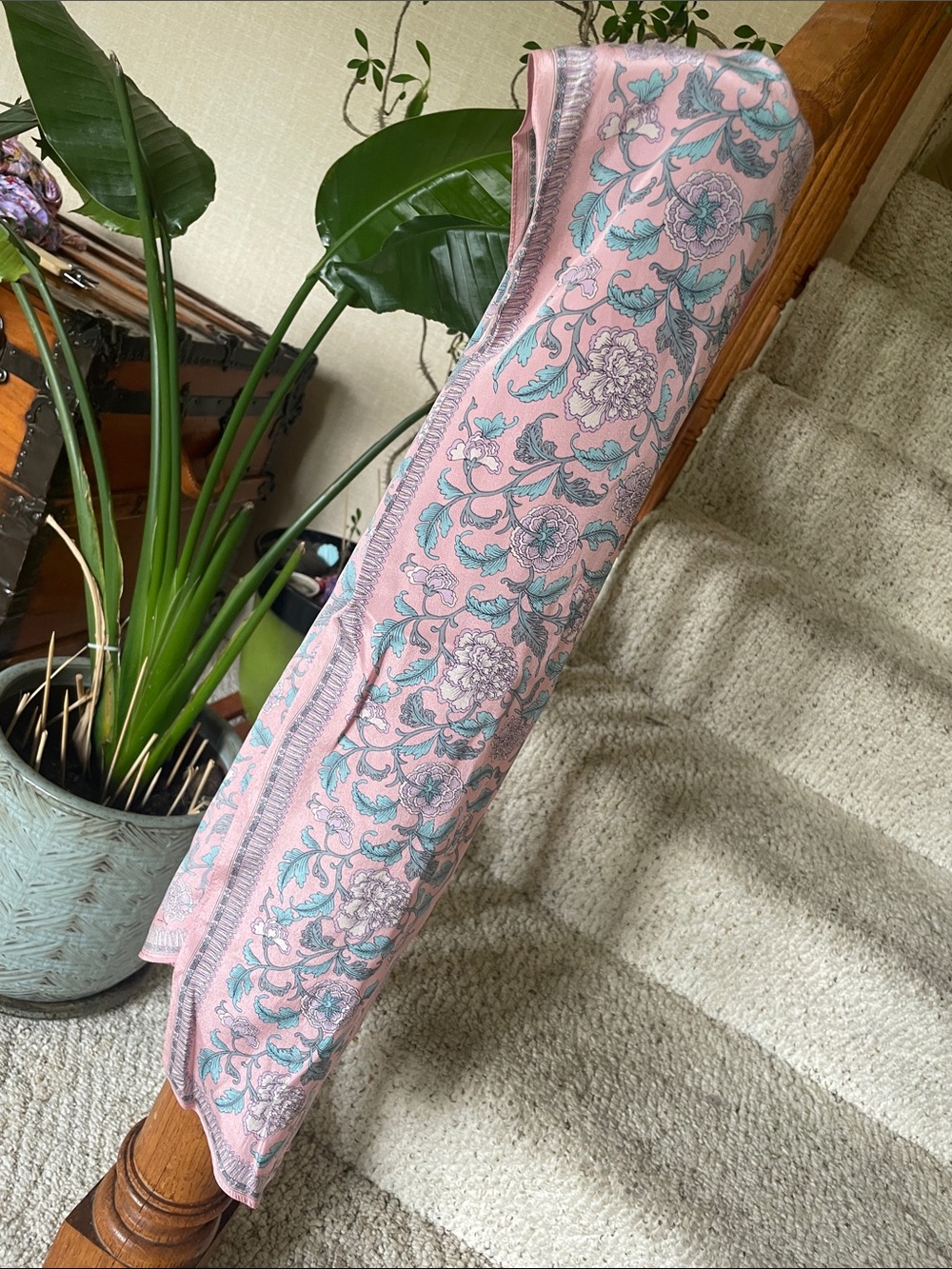 Silk Pink Floral Versatile Scarf with Teal Accents